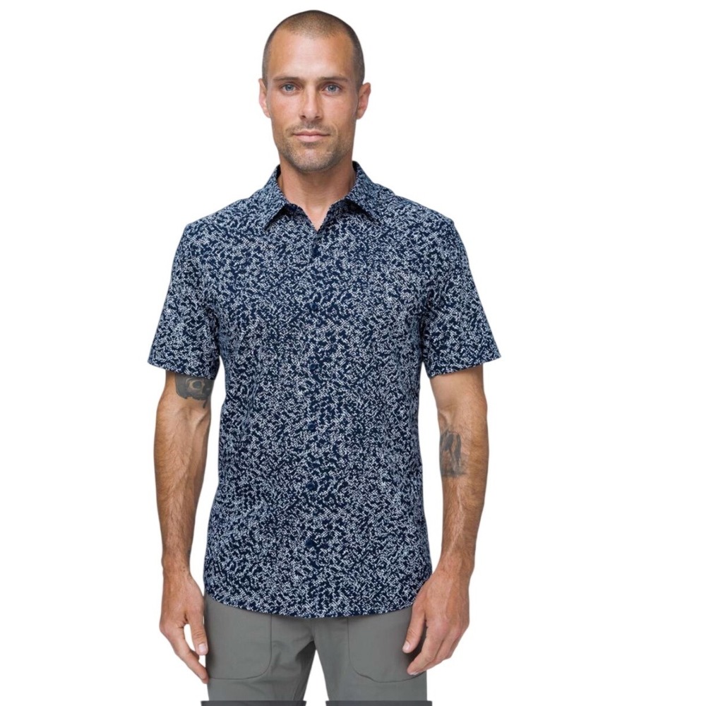 Lululemon Down to the Wire Short Sleeve Button Down Shirt Navy White Static XL